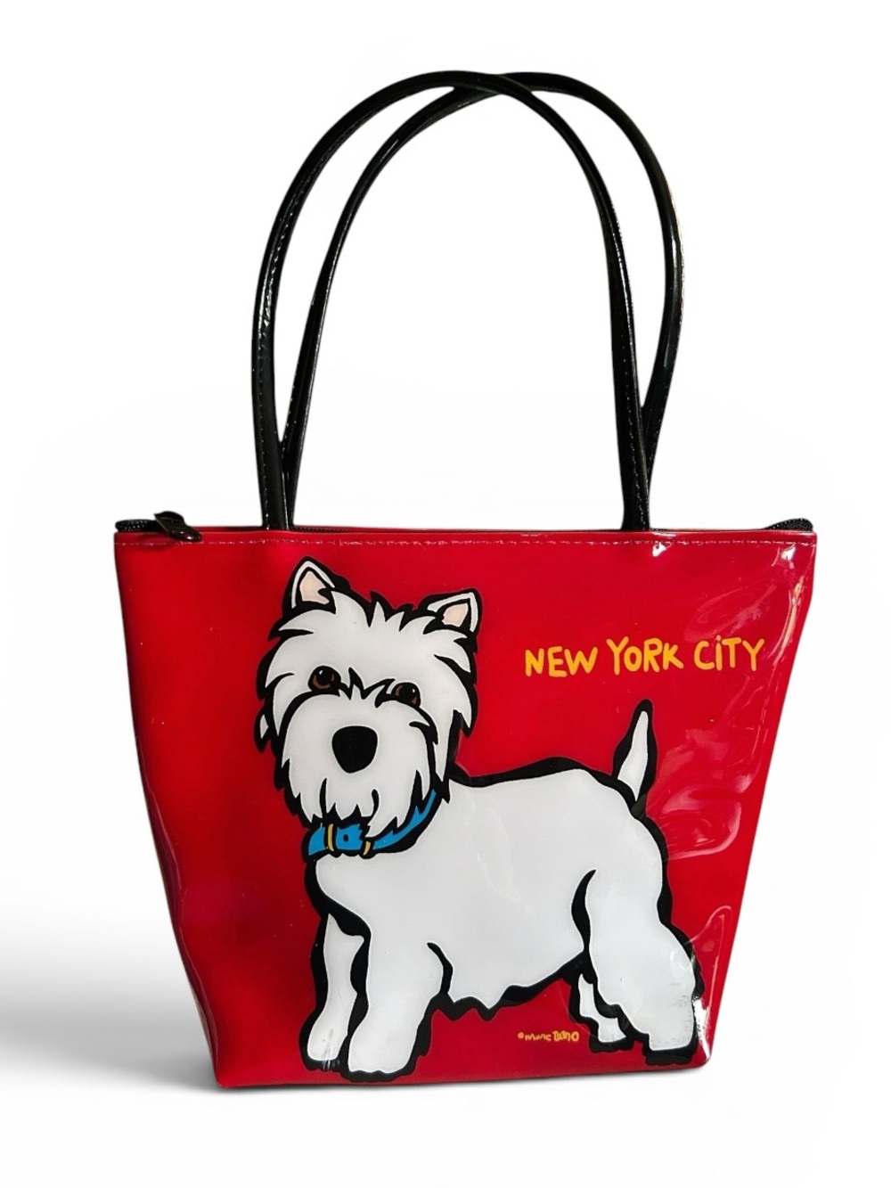Marc Tetro New York City Westie Red and Black Shiny Small Tote Bag NWOT